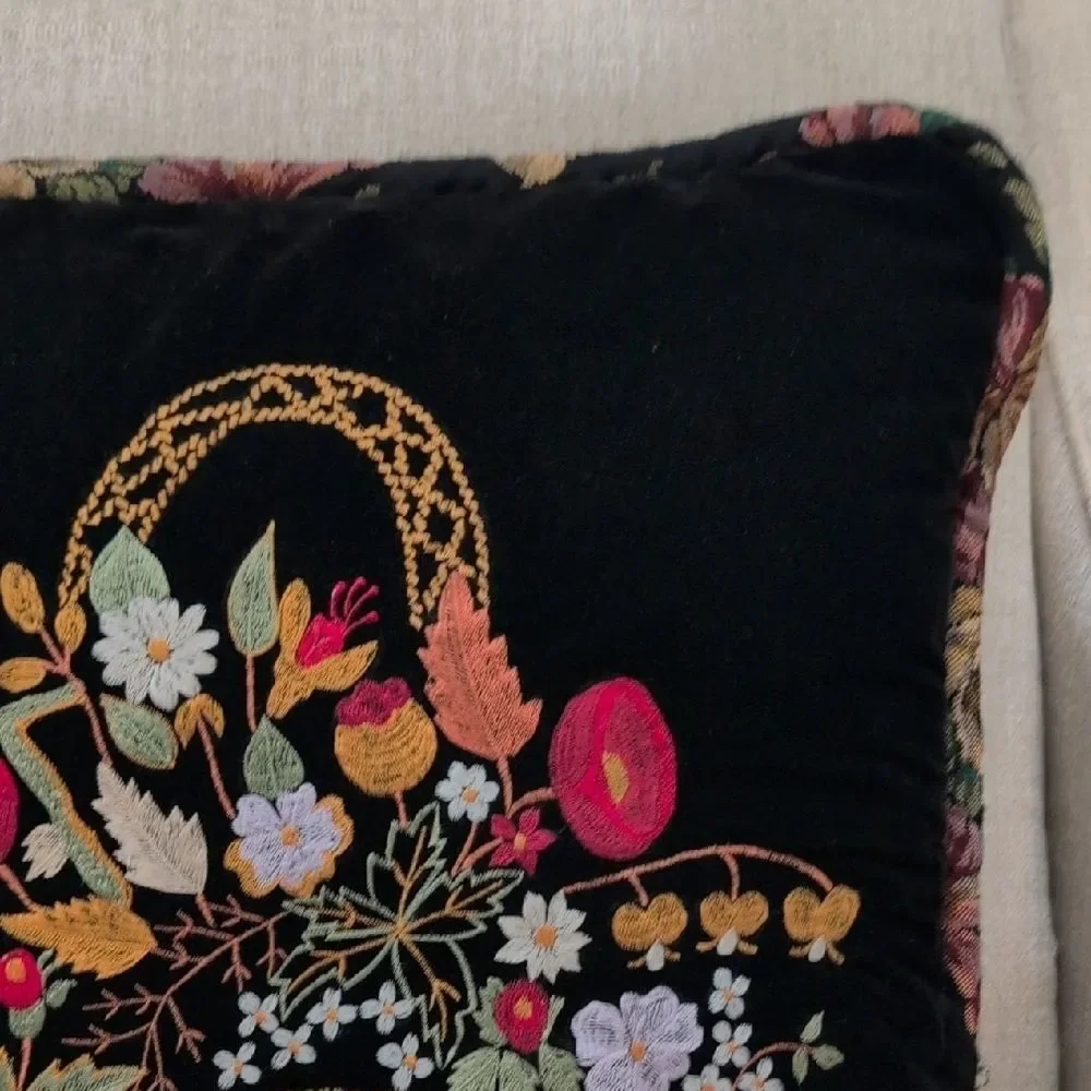 Vintage Black Velvet Floral Embroidered Throw Accent Pillow Floral Tapestry Back
